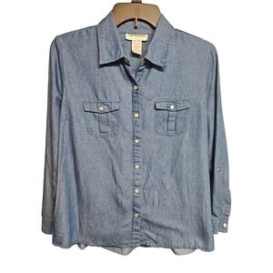 C.D. Petites Women Blue Denim Sparkle Button Down Shirt Roll Tab Sleeve PL